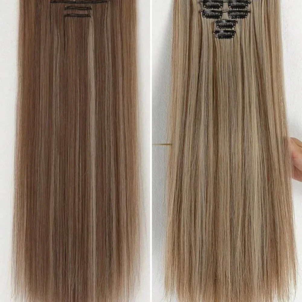 Human hair blend Light Brown With Light Blonde highlights Hair Extensions 24 in